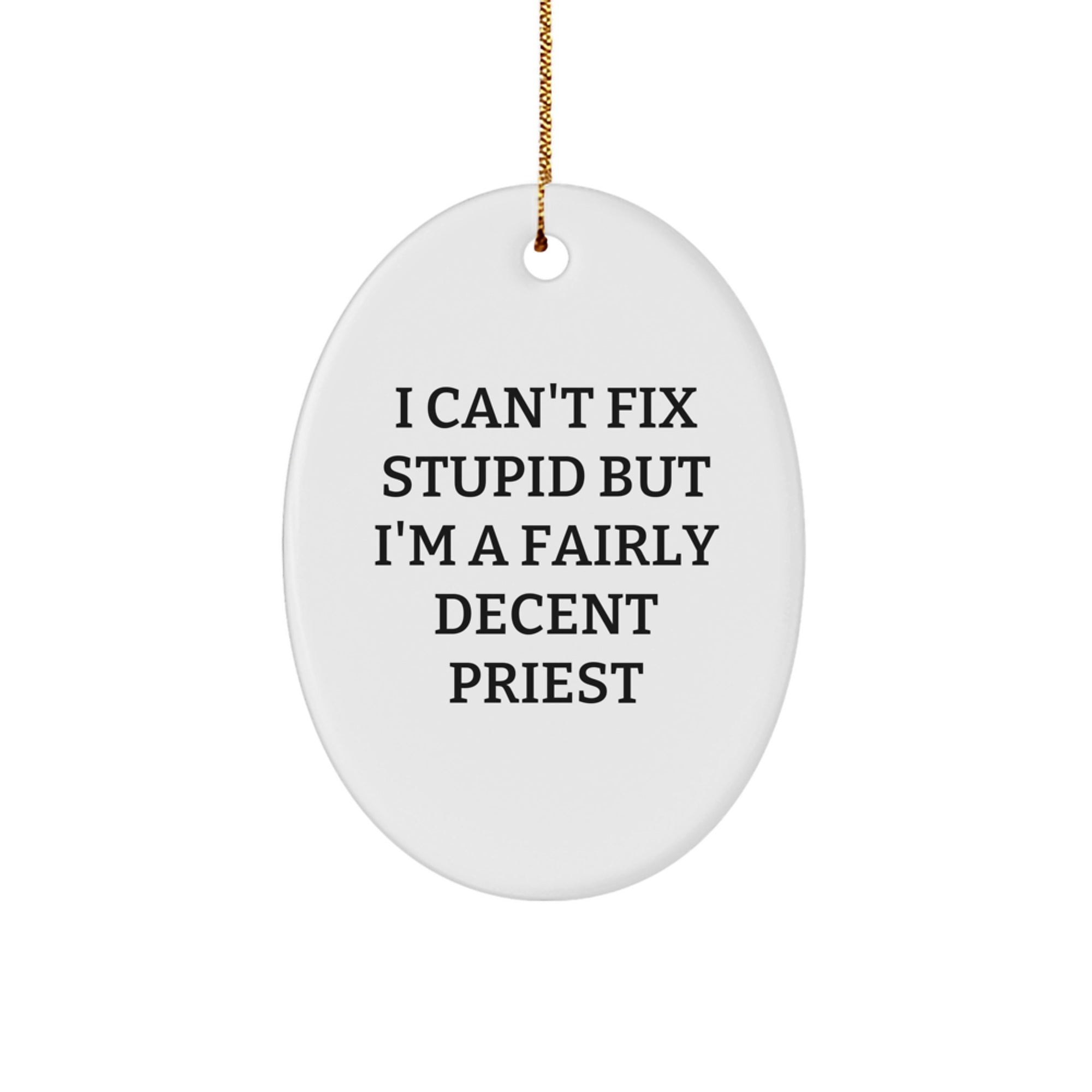 Funny Priest Gifts - I Can't Fix Stupid But I'm A Fairly Decent Priest Oval Ornament, Gifts from Men, Women, or Friends for Christmas - Image 1