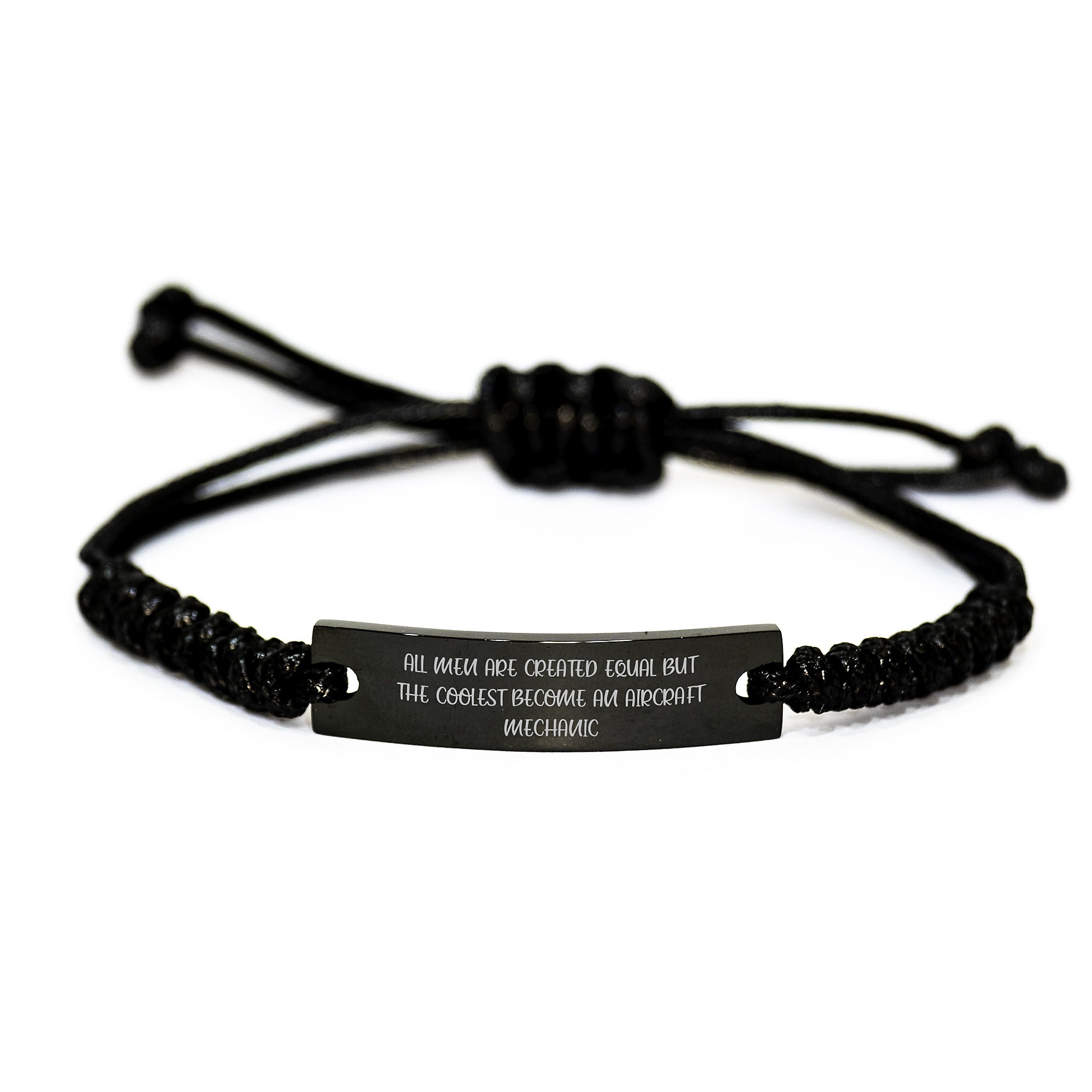 Aircraft Mechanic Gifts from Friends, Unique Rope Bracelets for Men, Funny Graduation Quote, 'All Men Are Created Equal But The Coolest Become An Aircraft Mechanic', Adjustable Black Rope - Image 1