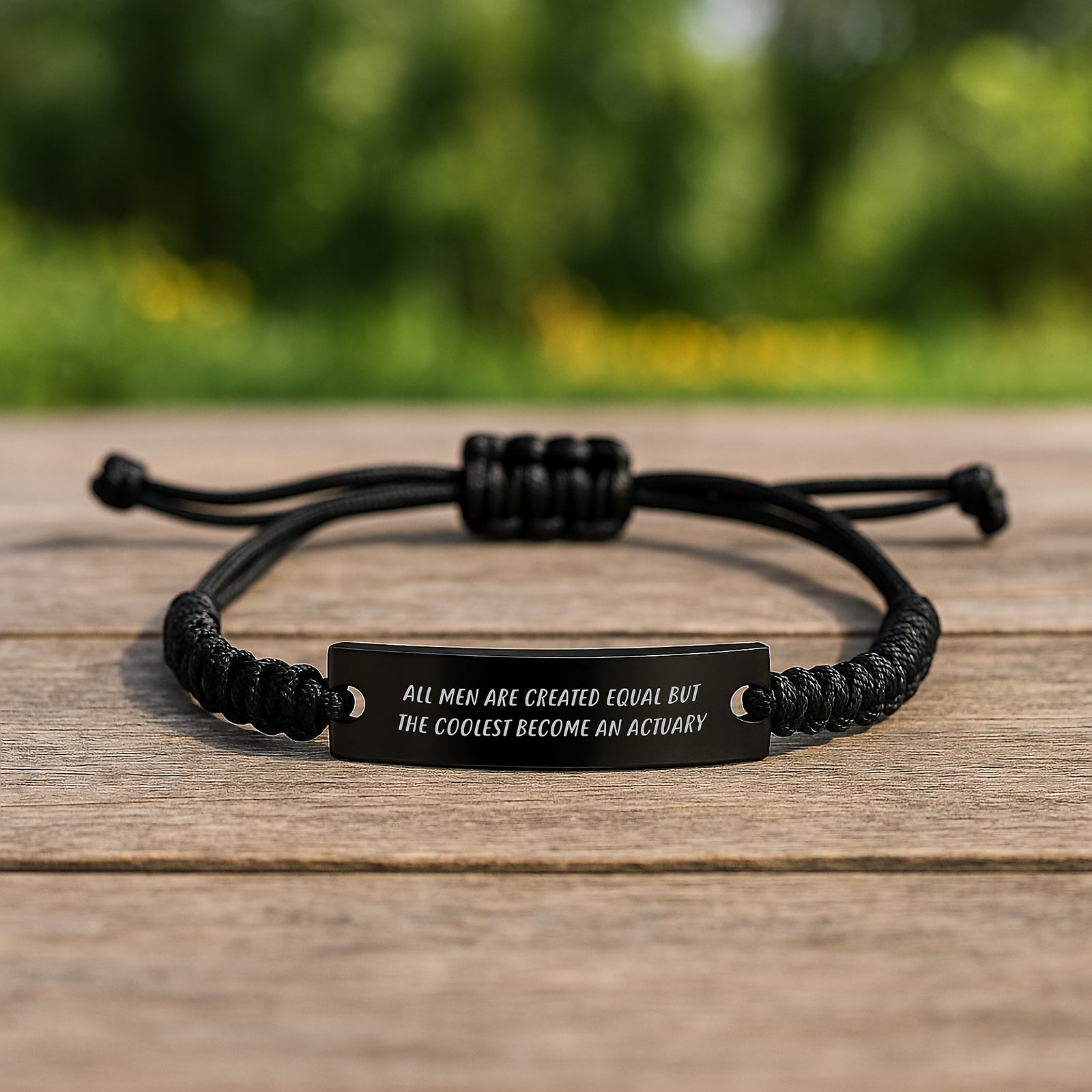 Funny Actuary Rope Bracelet Gifts from Men to Actuary Graduates, 'All Men Are Created Equal But The Coolest Become An Actuary' Quote, Adjustable Rope Black Stainless Steel, Organza Bag - Image 2