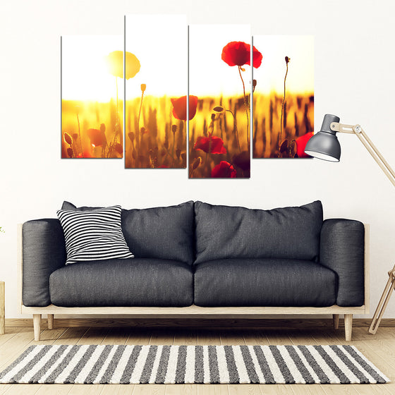 Poppy Flower in Sunset 4 Piece Framed Canvas