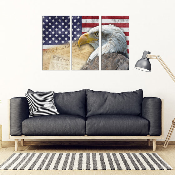 American Flag Bald Eagle Patriotic 3 Piece Framed Canvas