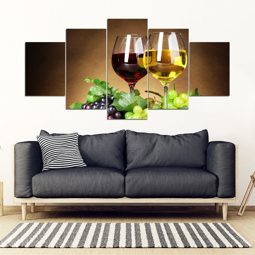 Wine For Two Framed Wall Art Canvas Wine Glasses Wine Art - 5 Piece Framed Canvas